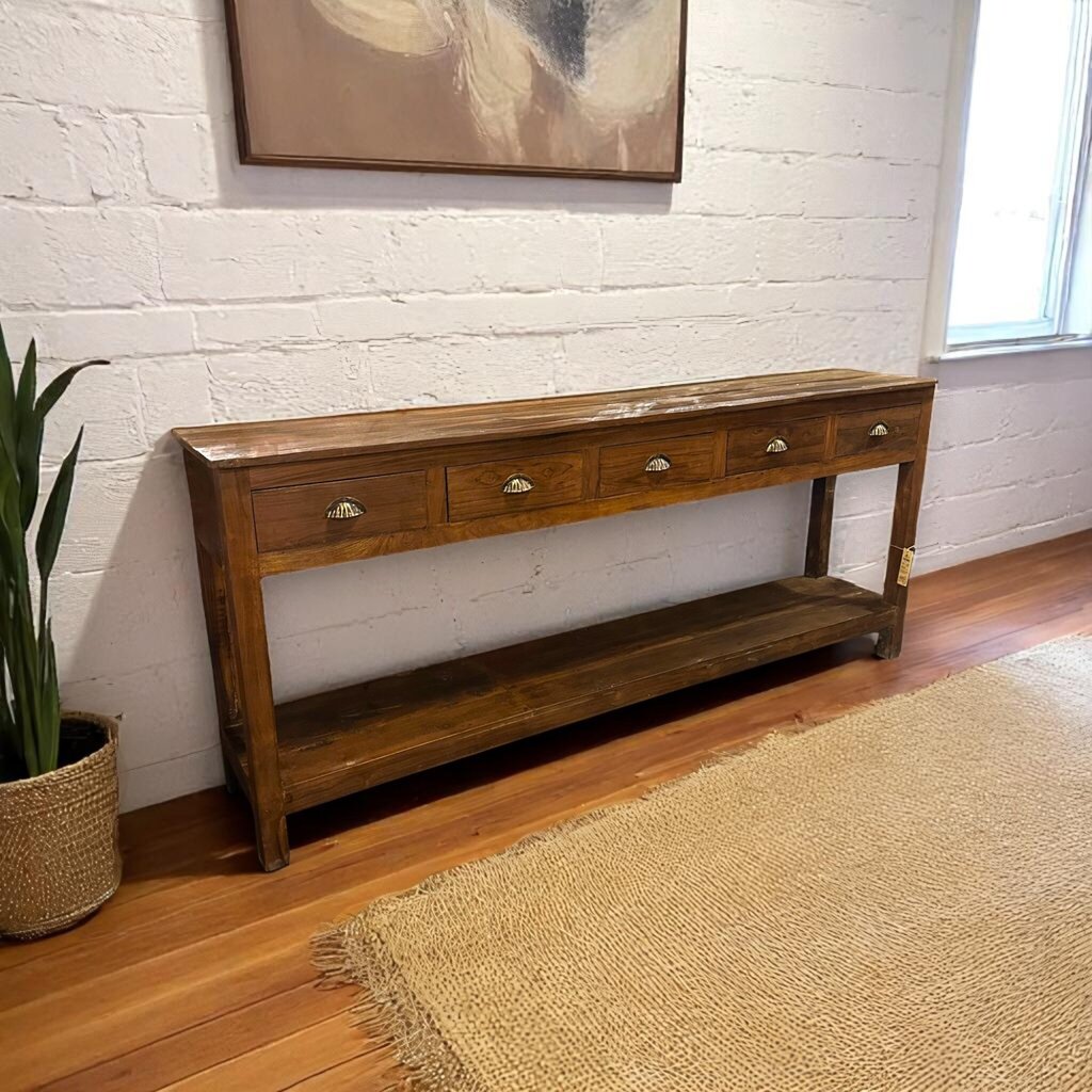 Pretty Recycled Wood 5 Drawer Console Table