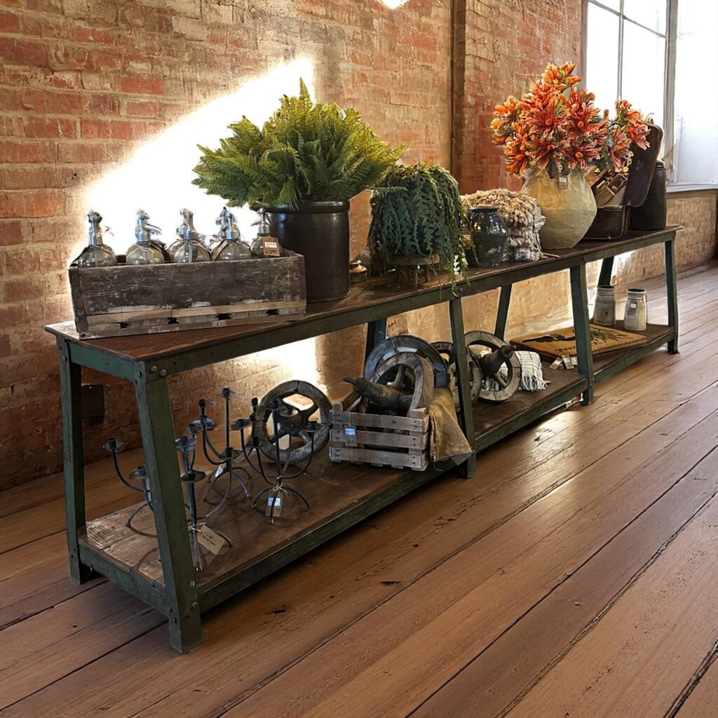 Wooden & Green Metal Console Table