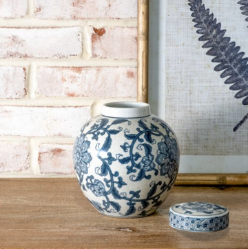 Blue Floral Ginger Jar + Lid - 8"
