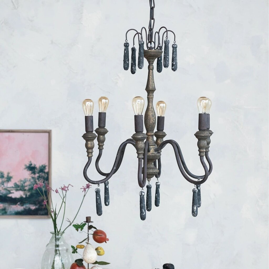Vintage Metal Chandelier W/Wood Drops
