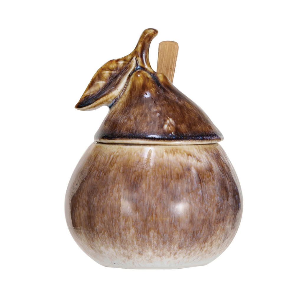 Stoneware Pear Sugar Pot + Wood Spoon