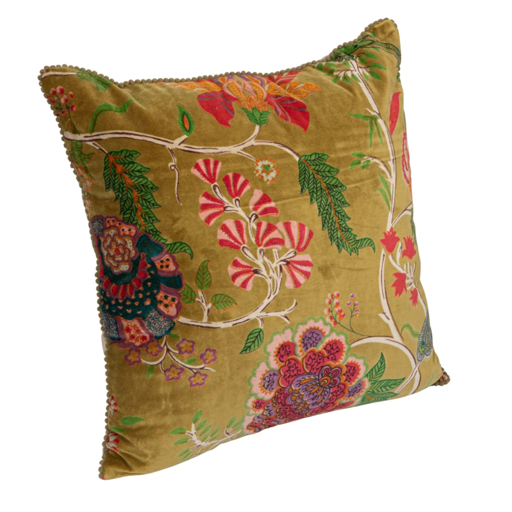 Velvet Floral Pillow w/ Mini Pom Poms