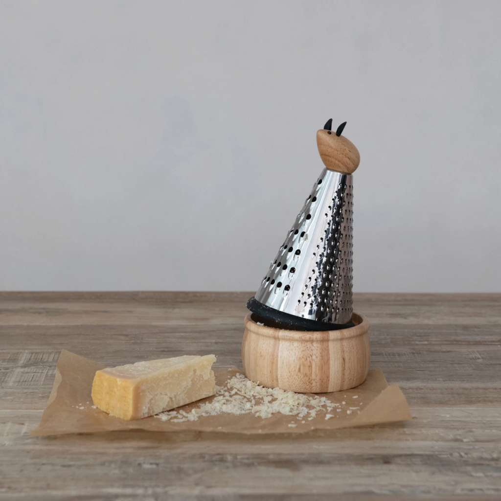 Stainless Steel Grater w/ Mouse + Rubber Wood Base