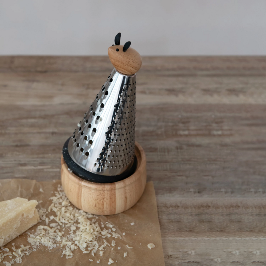 Stainless Steel Grater w/ Mouse + Rubber Wood Base
