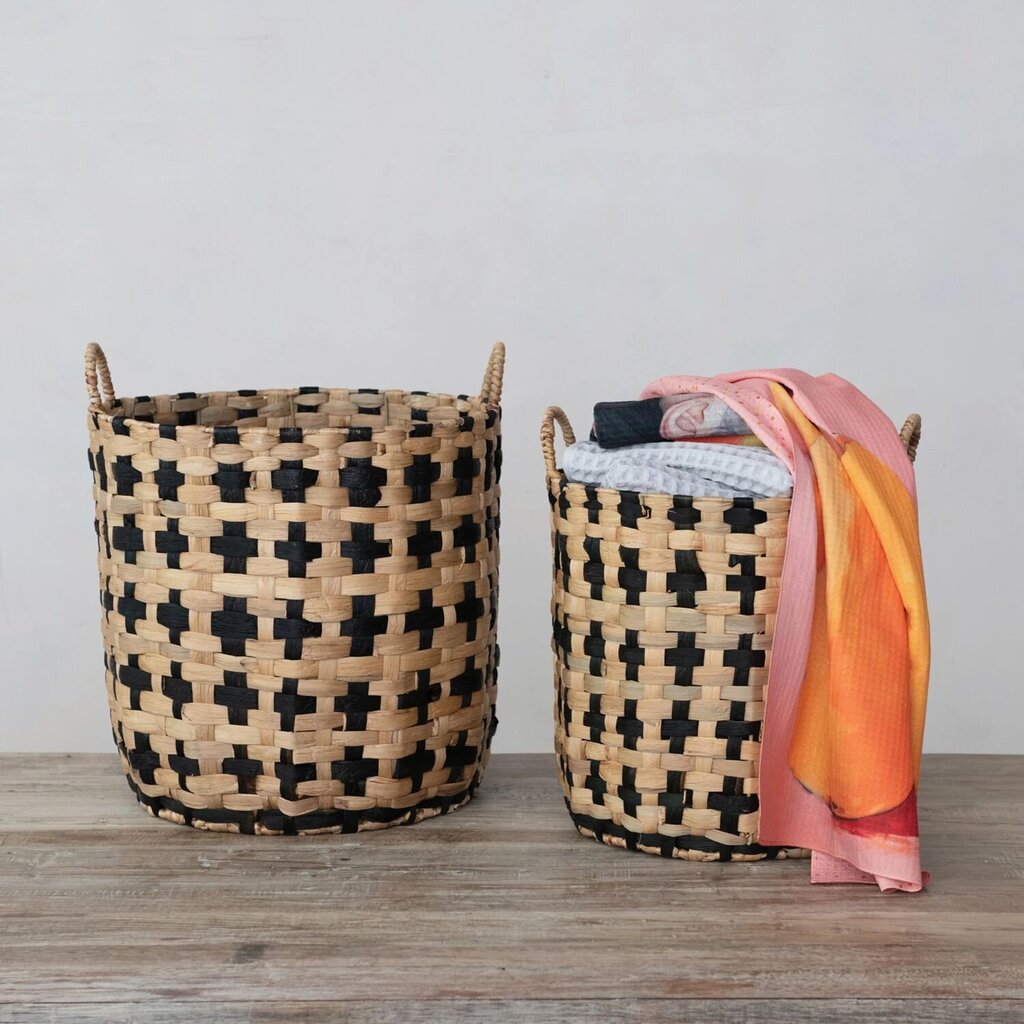 Black & Natural Woven Water Hyacinth Basket