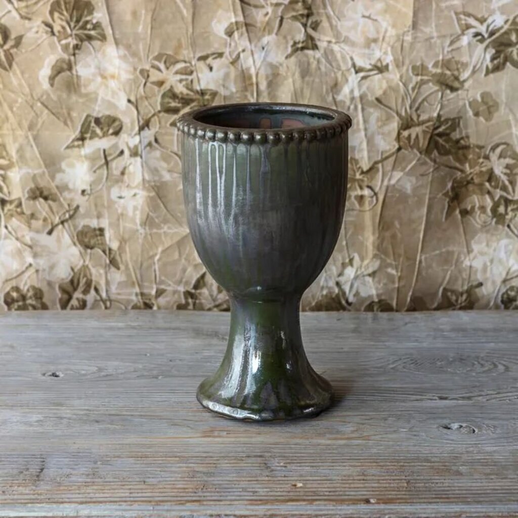 Olive Dripped Beaded Tulip Vase