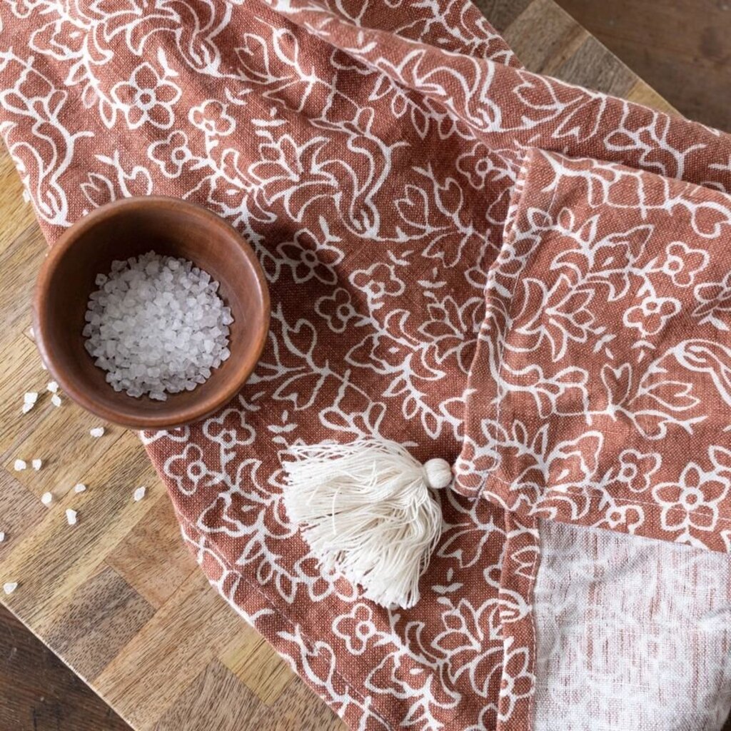 Orange Rust Floral Kitchen Towel + Tassels