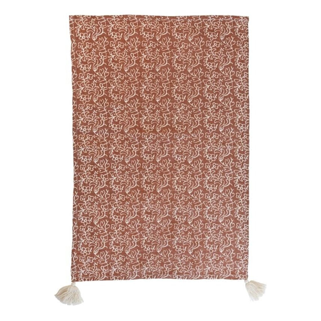 Orange Rust Floral Kitchen Towel + Tassels