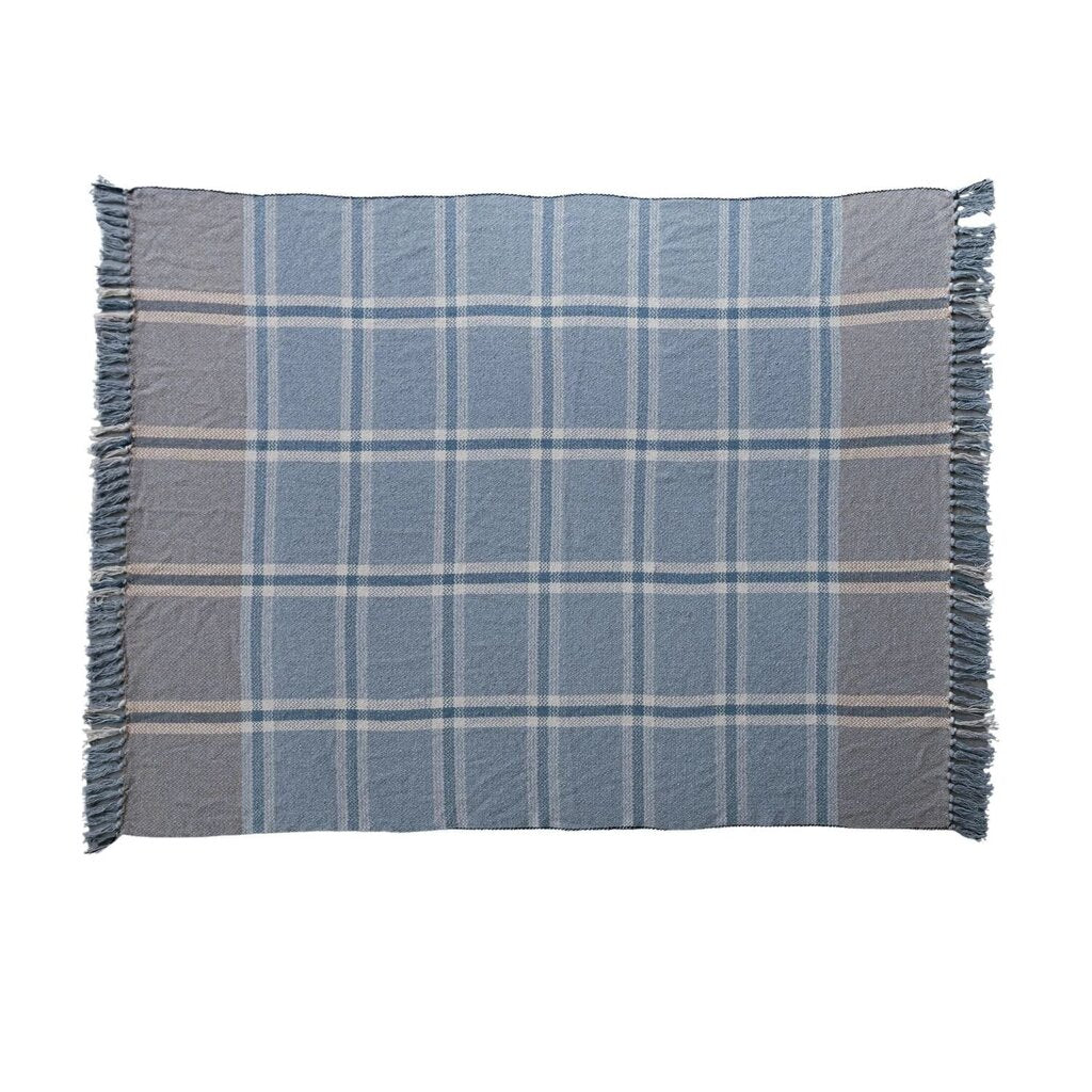Recycled Blue Plaid Cotton Blend Throw