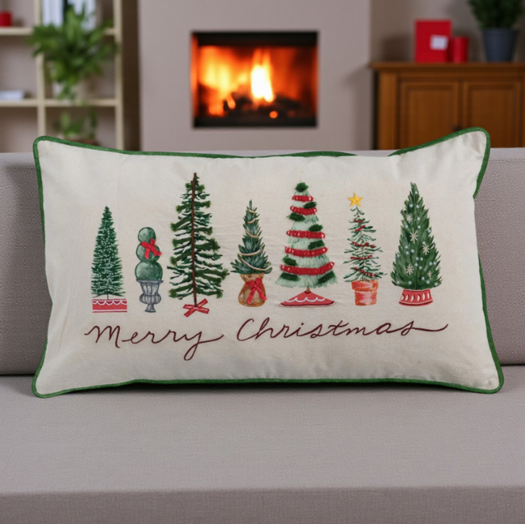 "Merry Christmas" Embroidered Tree Lumbar Pillow