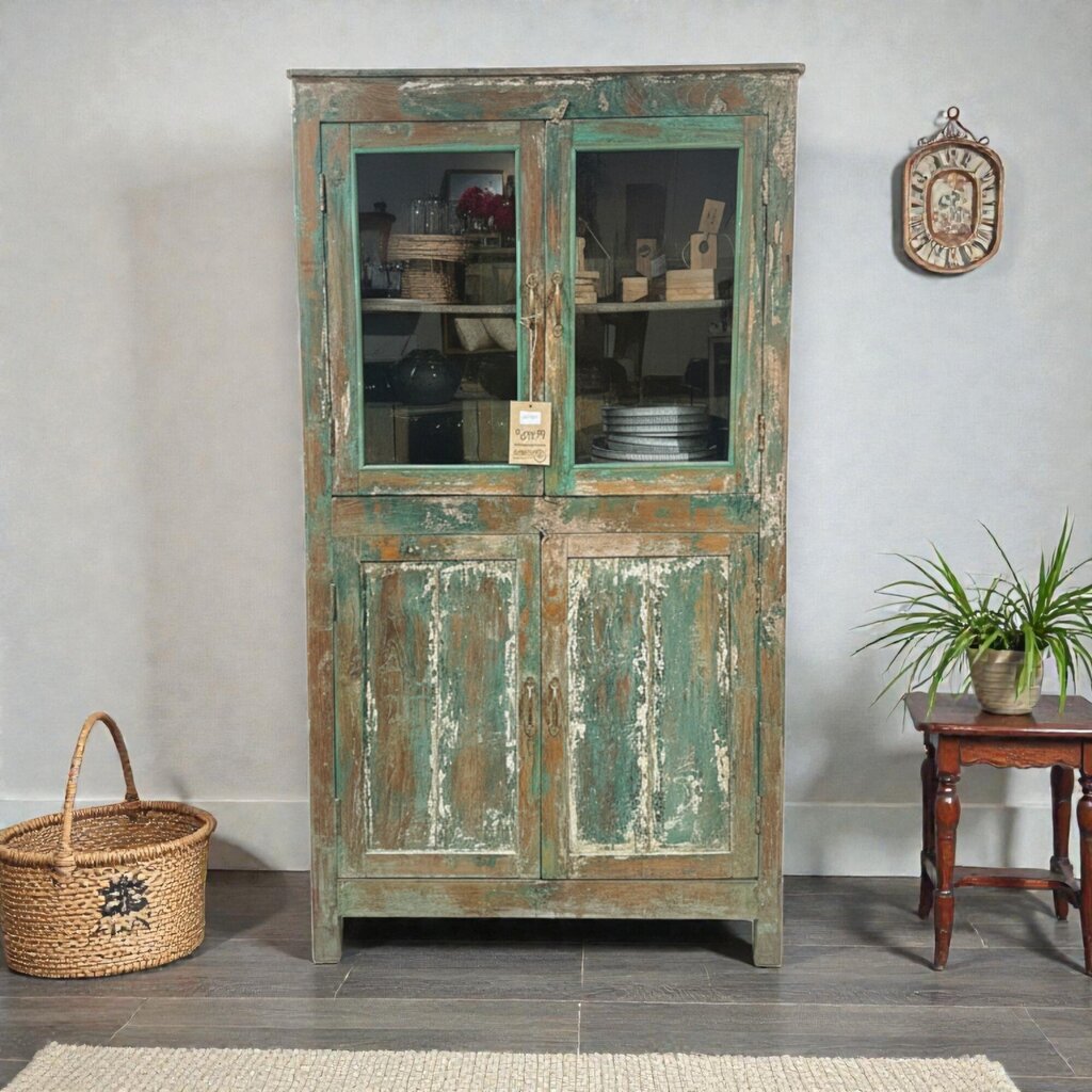 Distressed Green Wood 2 door Glass Cabinet