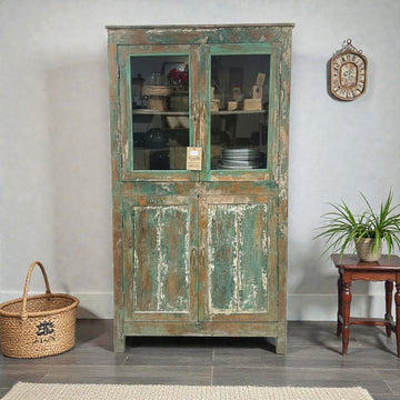 Distressed Green Wood 2 door Glass Cabinet