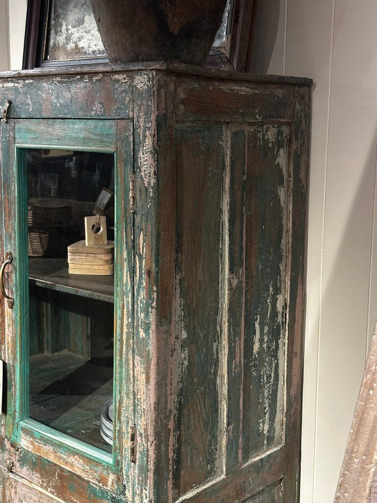 Distressed Green Wood 2 door Glass Cabinet