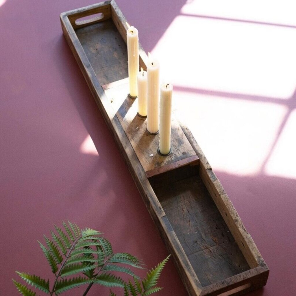 Recycled Wooden Tray + Four Taper Candle Holders