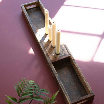 Recycled Wooden Tray + Four Taper Candle Holders