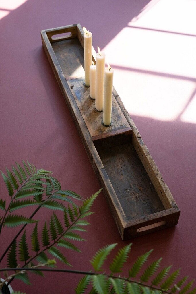 Recycled Wooden Tray + Four Taper Candle Holders