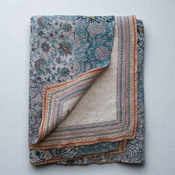 Hand Embroidered Vintage Printed Rali Quilted Kantha Throw- (60"x50")
