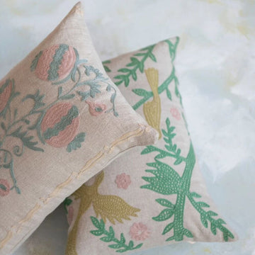 Cotton Chambray Bird Embroidered Lumbar Pillow
