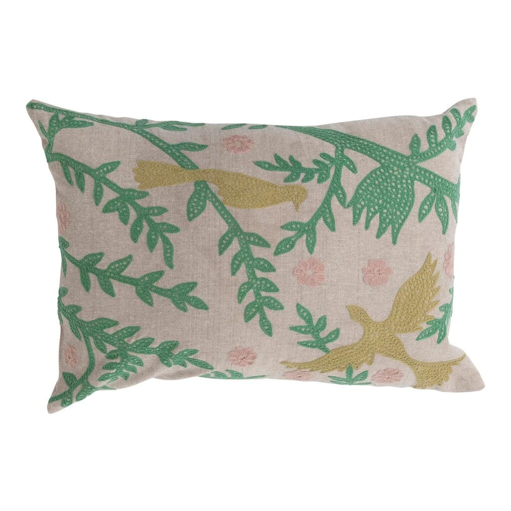 Cotton Chambray Bird Embroidered Lumbar Pillow