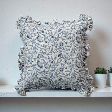 Charming Blue Floral Cotton Blend Pillow- 18"