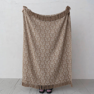 Light Brown Cotton Throw + Floral Pattern & Fringe
