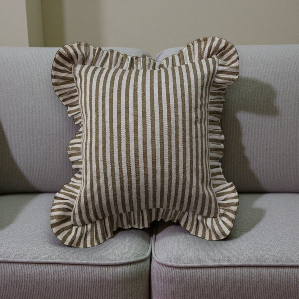 Woven Fabric Indoor/Outdoor Pillow w/ Stripes & Ruffle
