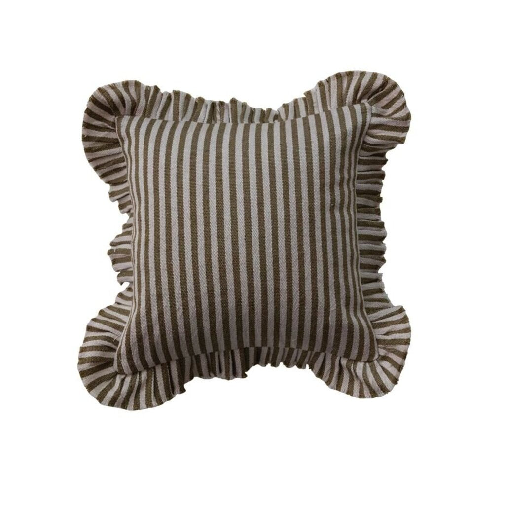 Woven Fabric Indoor/Outdoor Pillow w/ Stripes & Ruffle