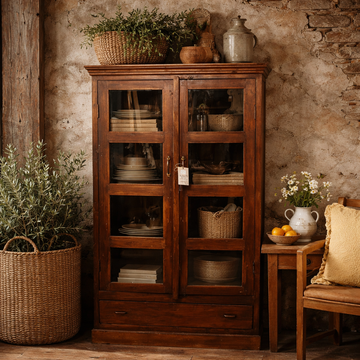 Wooden 2 Glass Door w/ 1 Drawer Cabinet