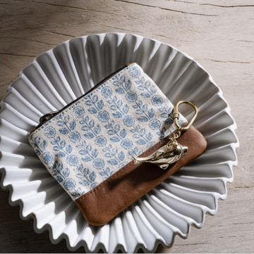 Floral Canvas & Leather Zip Pouch- 5"