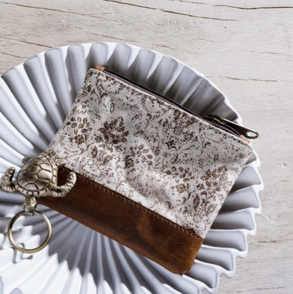 Floral Canvas & Leather Zip Pouch- 5"