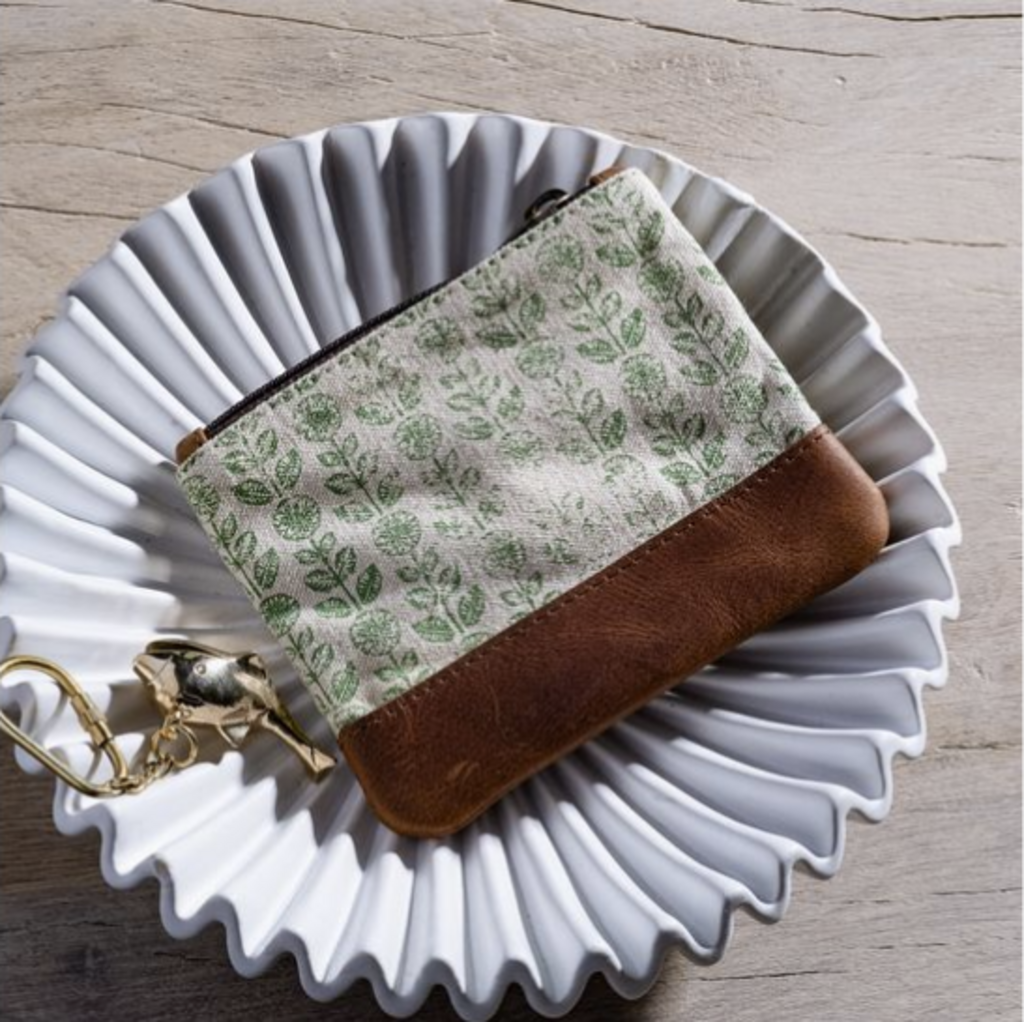 Floral Canvas & Leather Zip Pouch- 5"