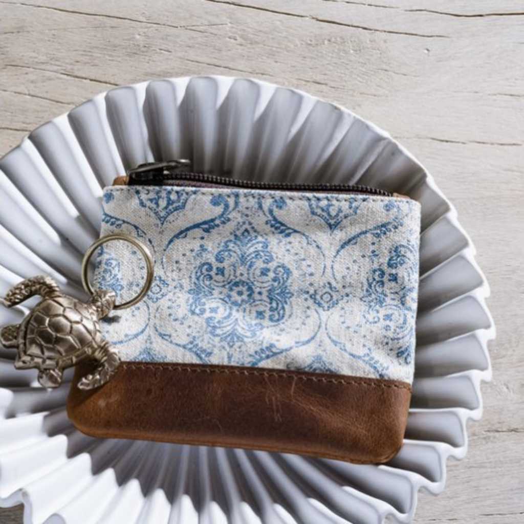 Floral Canvas & Leather Zip Pouch- 5"