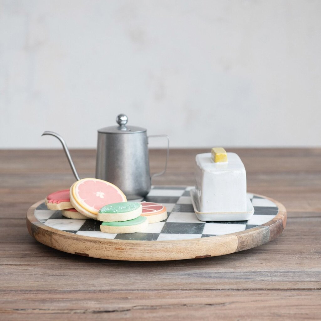 Mango Wood + Marble Check Lazy Susan