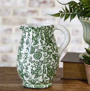 Dark Green Floral Pitcher Vase - 8"