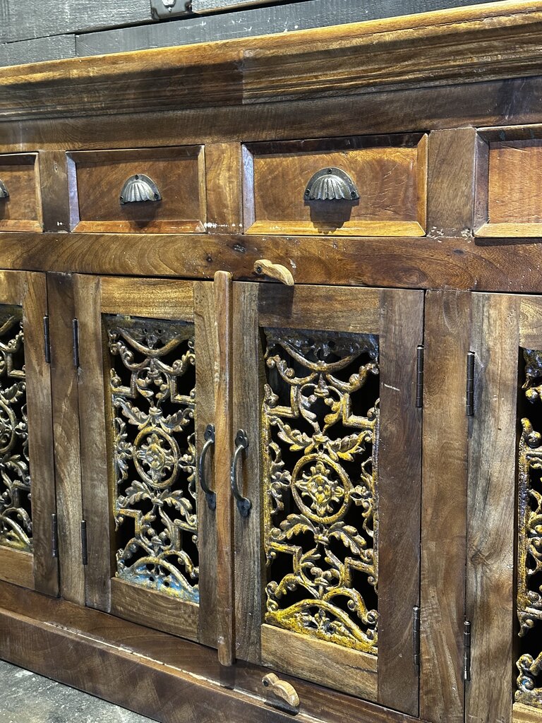 Iron Panel Inlay Wood Buffet w/ 6 Drawers