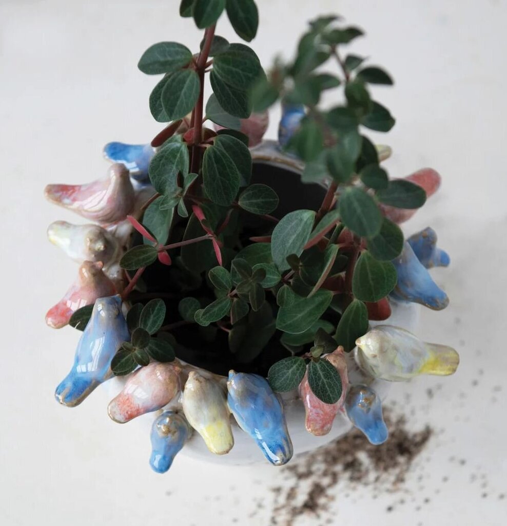 Stoneware Planter + Birds on Rim