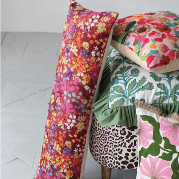 Bright Floral Embroidered Lumbar Pillow