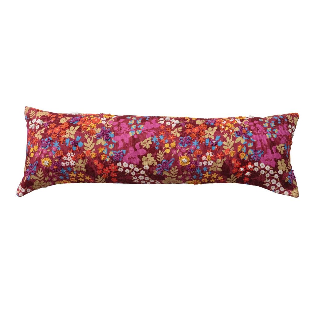 Bright Floral Embroidered Lumbar Pillow