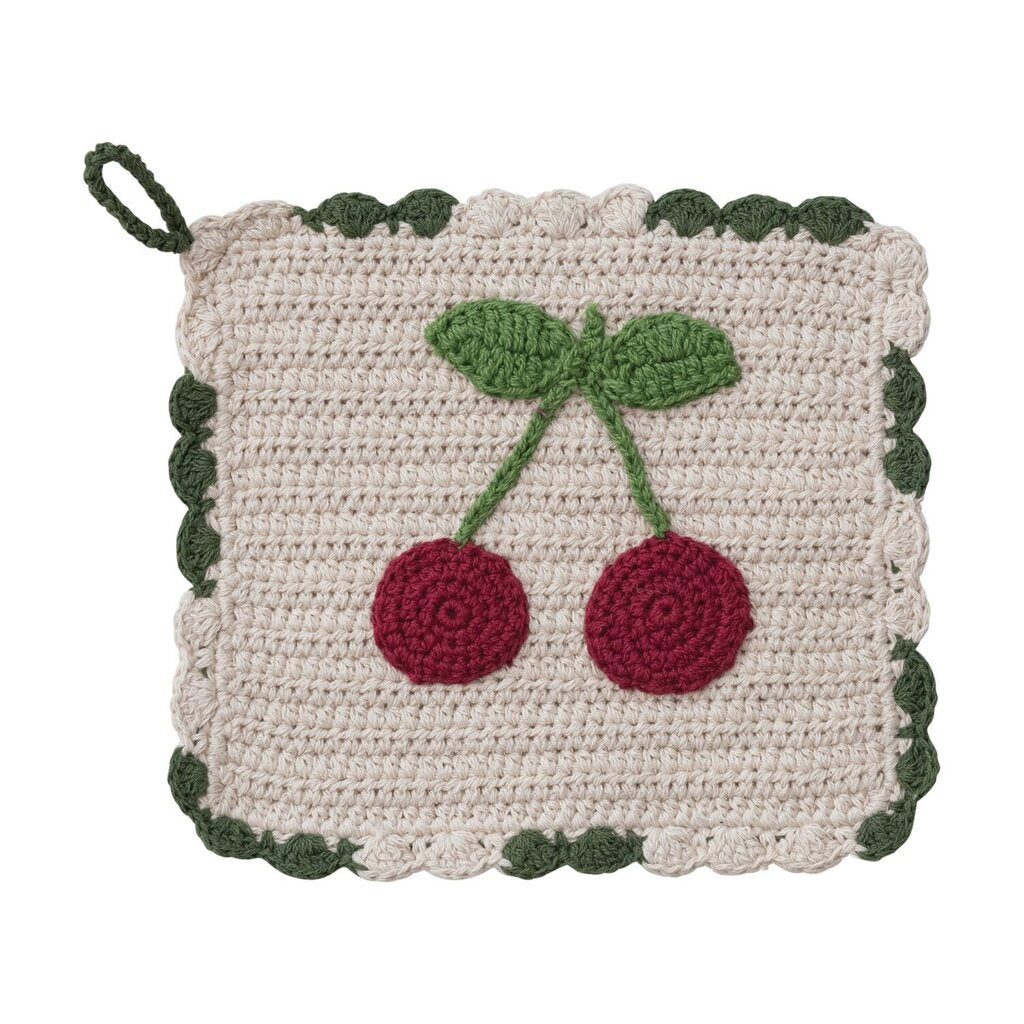Crocheted Scalloped Pot Holder w/ Cherries