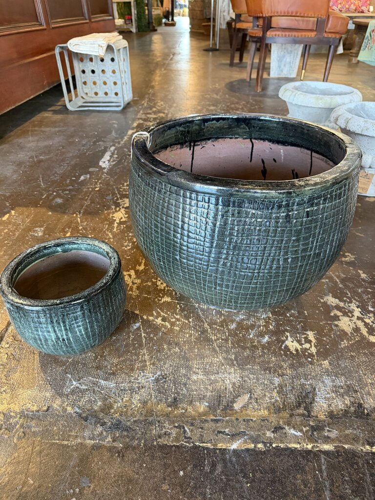 Green Glazed Waffled Terracotta Pot