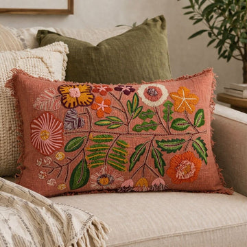 Lumbar Pillow w/ Embroidered Flowers