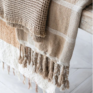 Beige Striped Throw + Braided Fringe