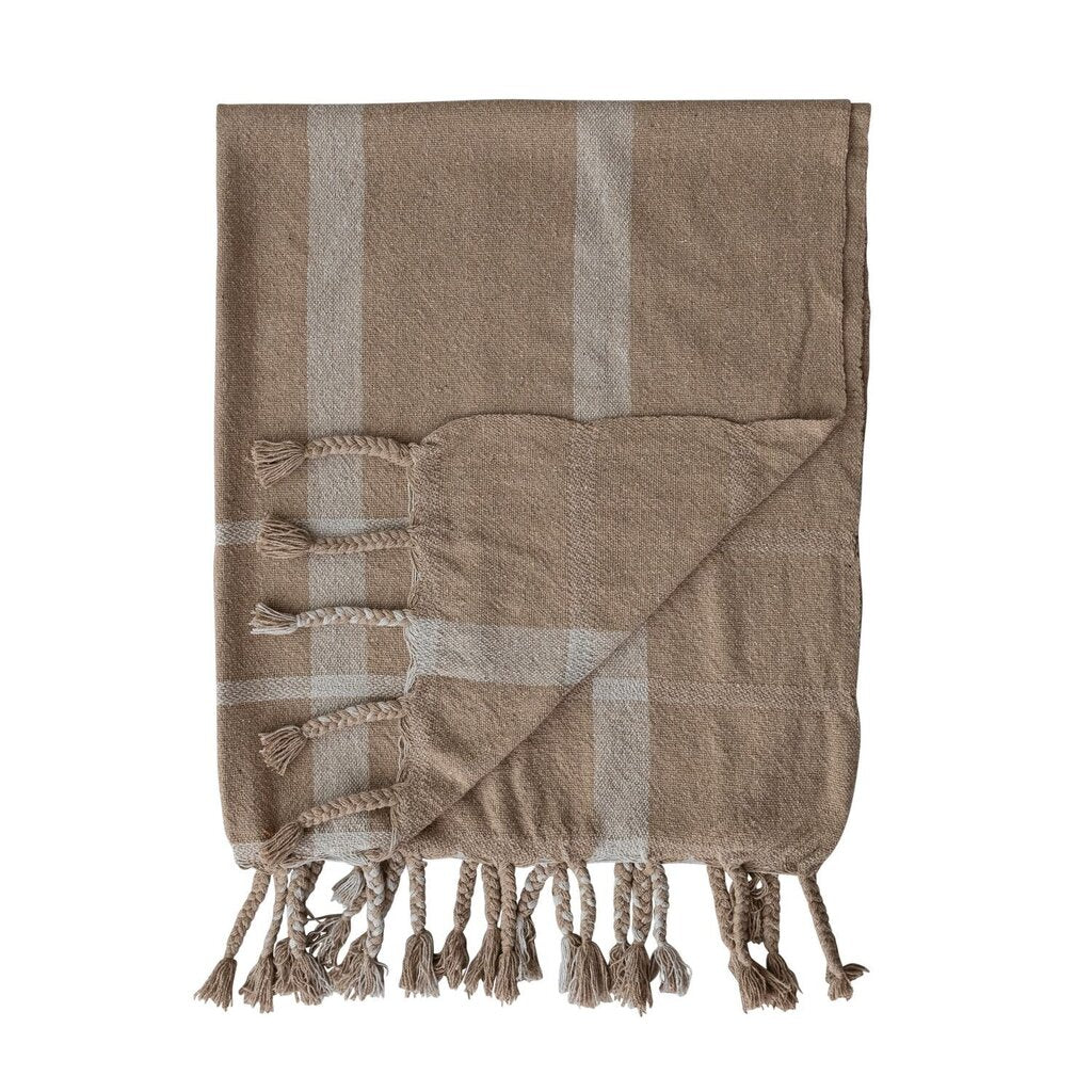 Beige Striped Throw + Braided Fringe