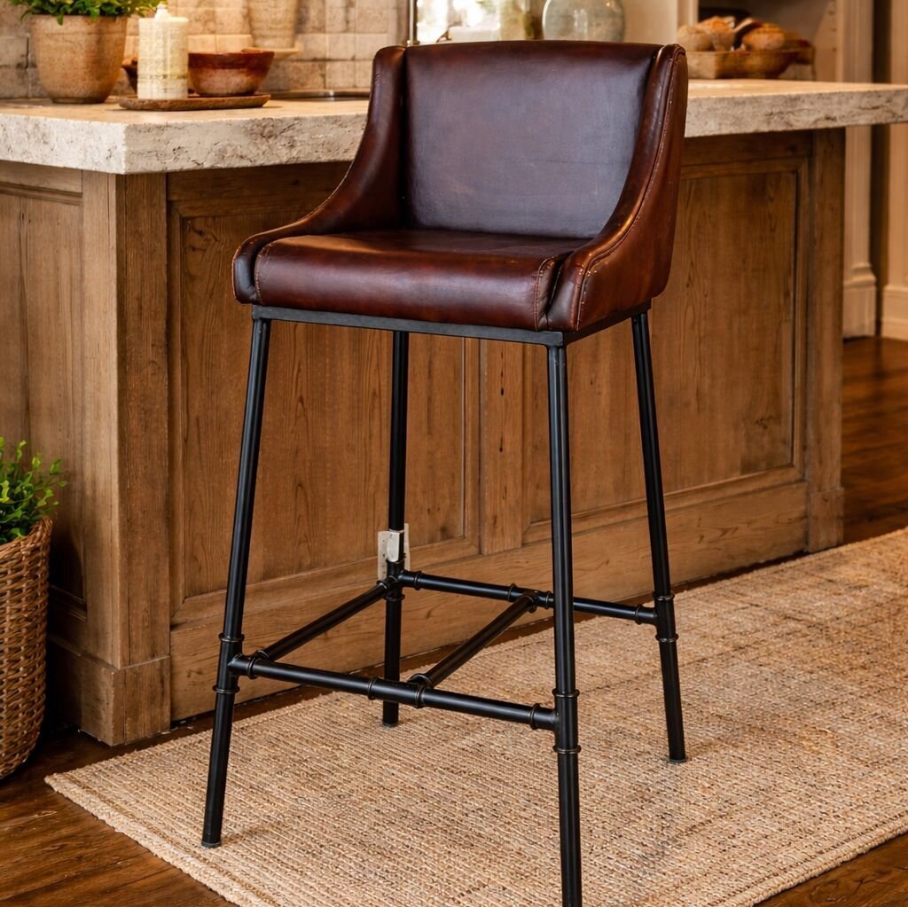 Beautiful Dark Leather & Iron Chair/Bar Stool