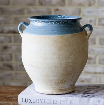 Blue & Natural Terracotta 2 Handle Vase - 12"