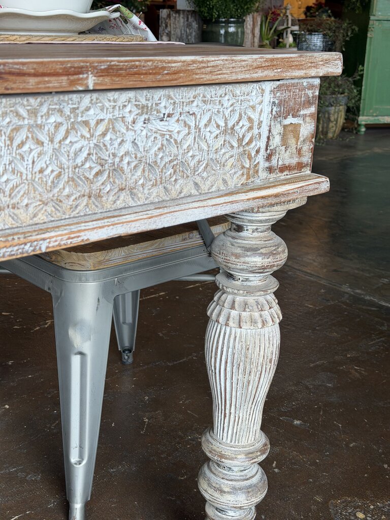 White Washed Carved Wood Table