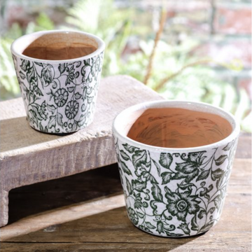 Green & White Floral Print Pot