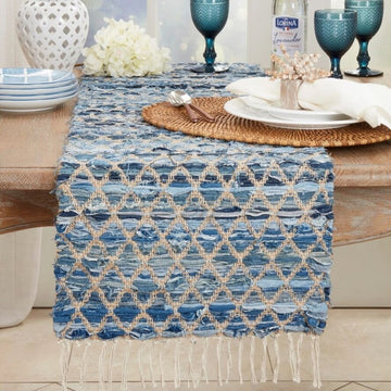 Artistic Woven Denim Chindi Net Fringed Table Runner