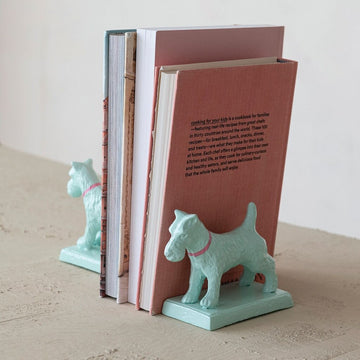 Teal Dog Shaped Bookends w/ Pink Collar - Set of 2