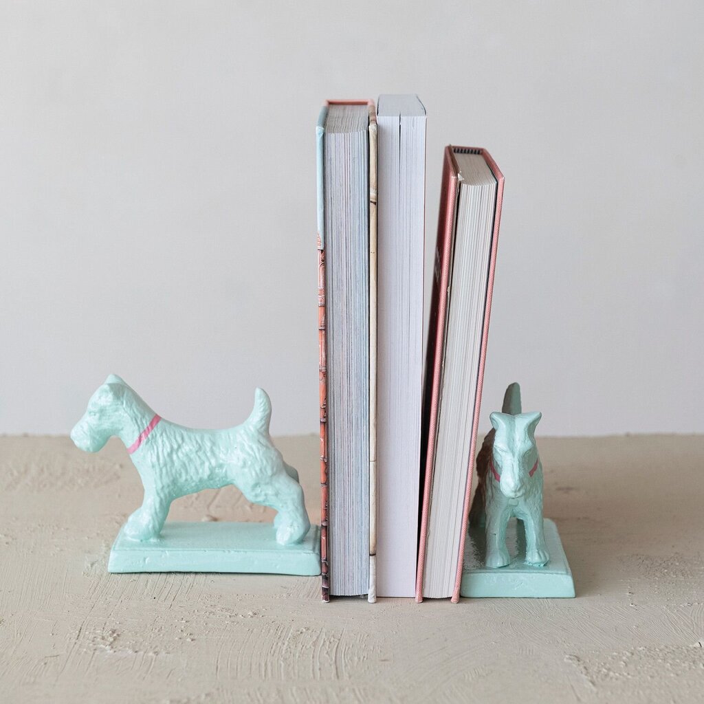 Teal Dog Shaped Bookends w/ Pink Collar - Set of 2